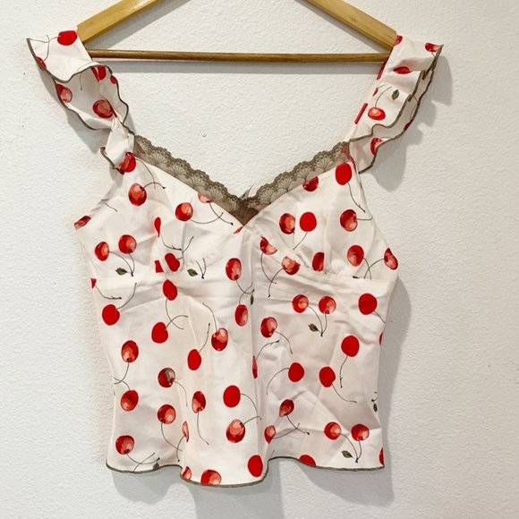 Tom K. Nguyen Tops - Cherry Patterned Ruffle Camisole in Red and White